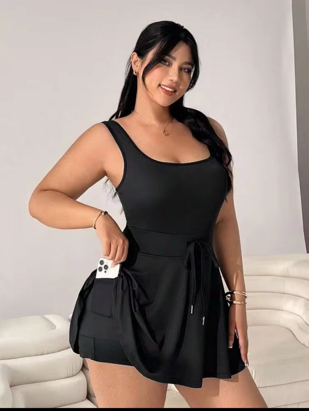 SHEIN | EZwear Black Wide Strap Front Tie Casual Skirted Romper